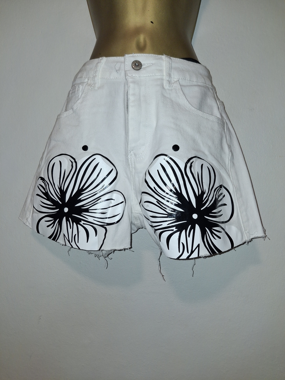 White Floral-Print High-Rise Denim Shorts